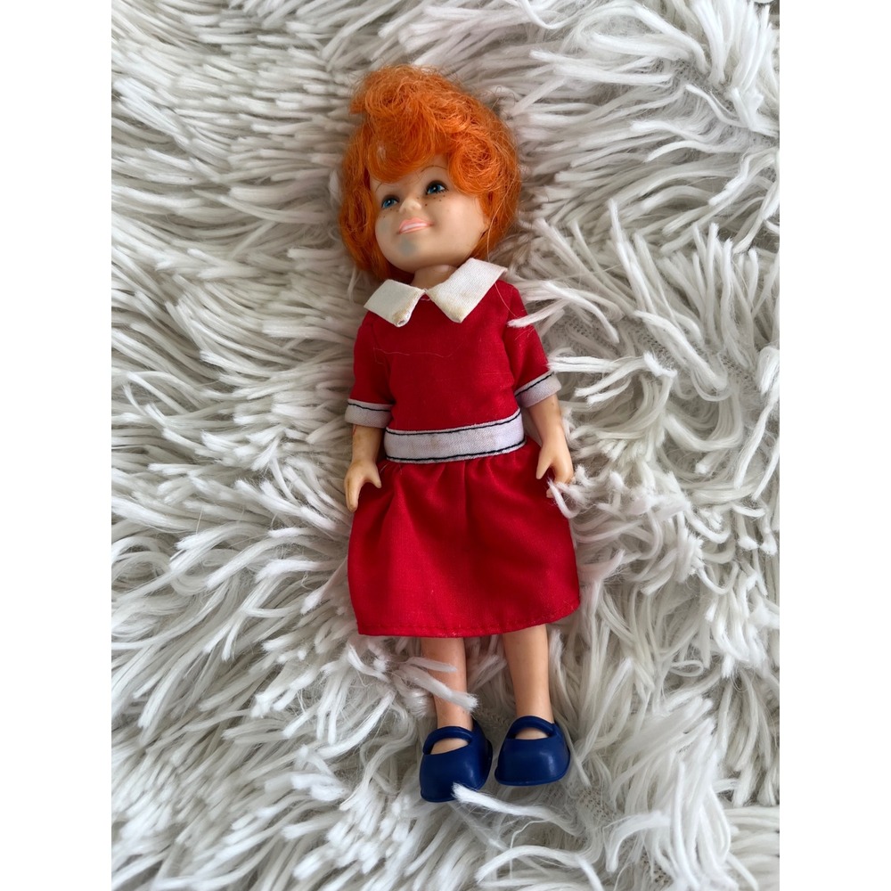 Vintage Little Orphan Annie Doll Red Dress Orange Curly Hair Blue Shoes 6 Inch